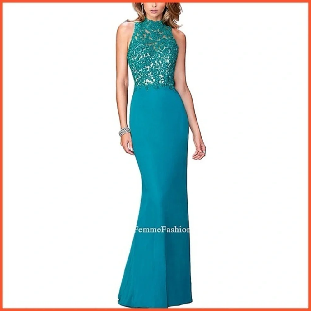 La Femme Teal Open Back Lace Embellished Gown | Dress